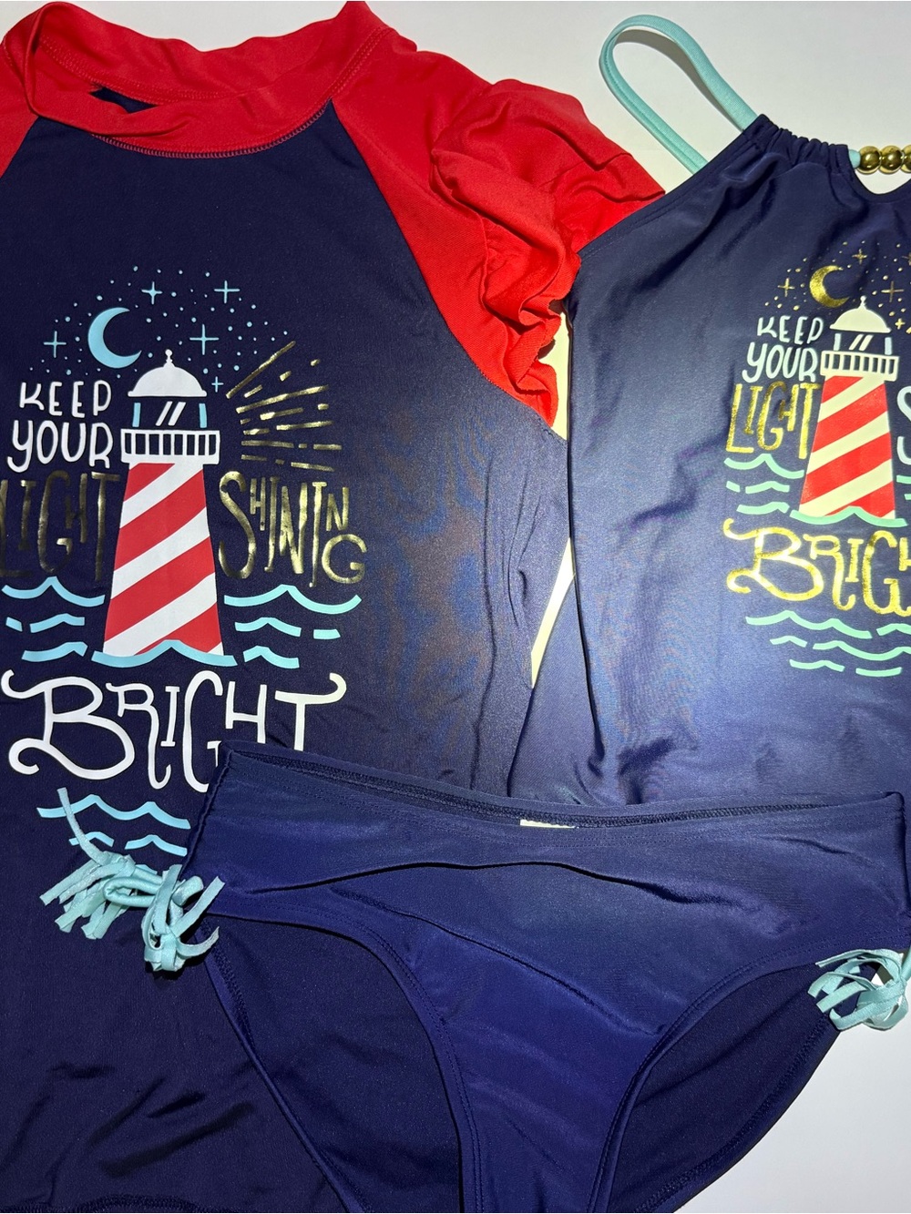 3pc Cat & Jack Navy/Red/Aqua Lighthouse Swim Set tankini, rashguard & bottoms